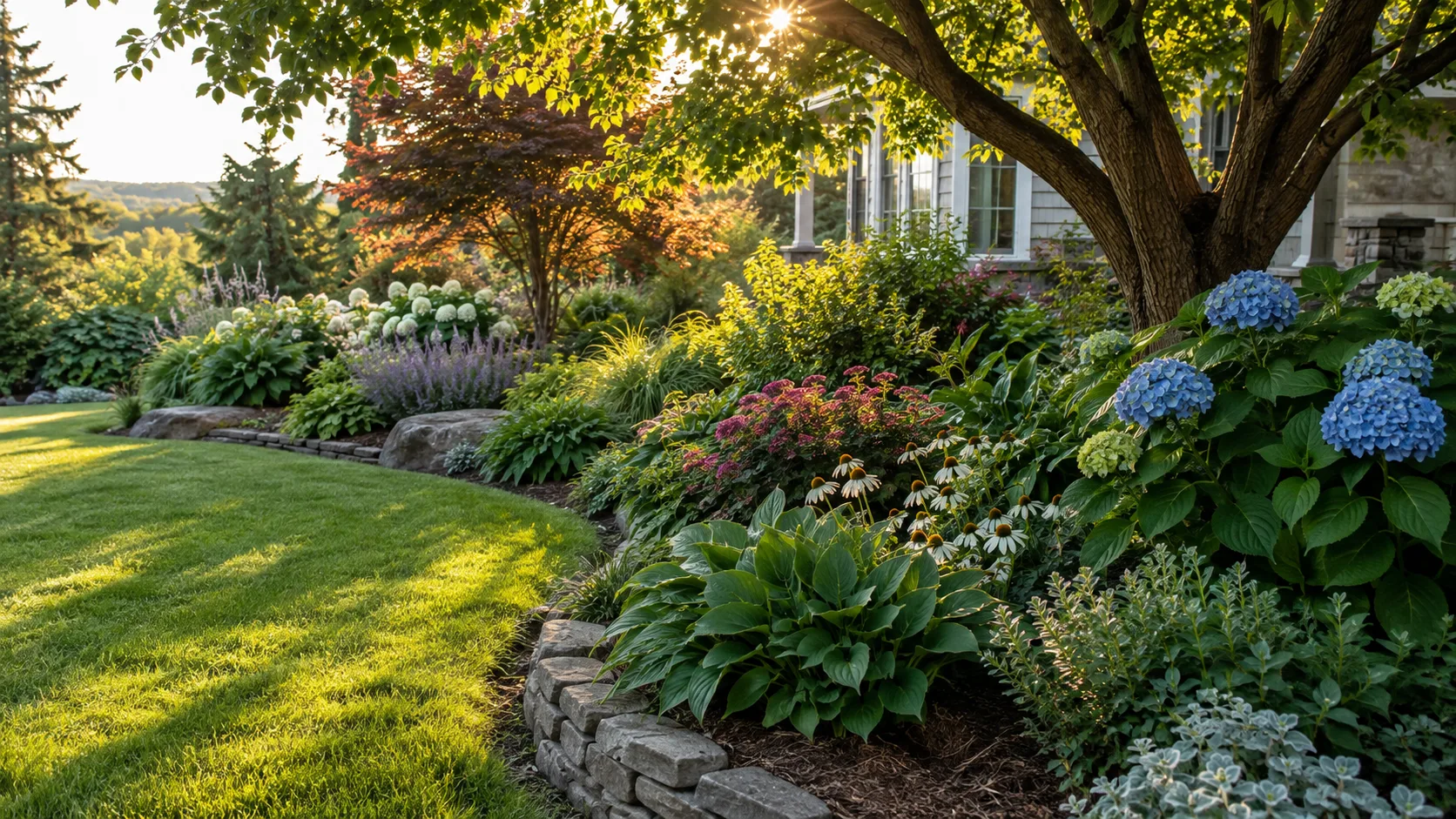 A garden bed with a mix of sunny and shaded areas, showing the range of light conditions plants encounter