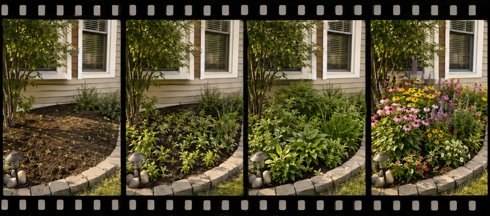 A filmstrip of a garden growing over time