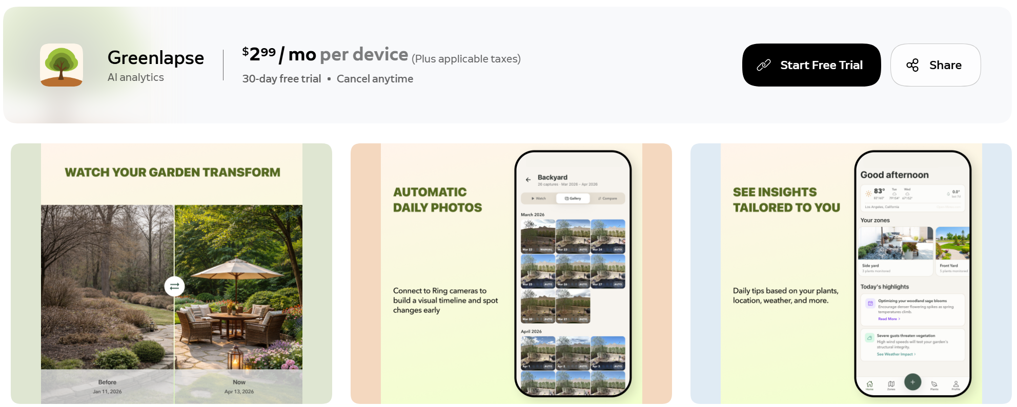 The Greenlapse listing on the Ring App Store with the option to start a free trial