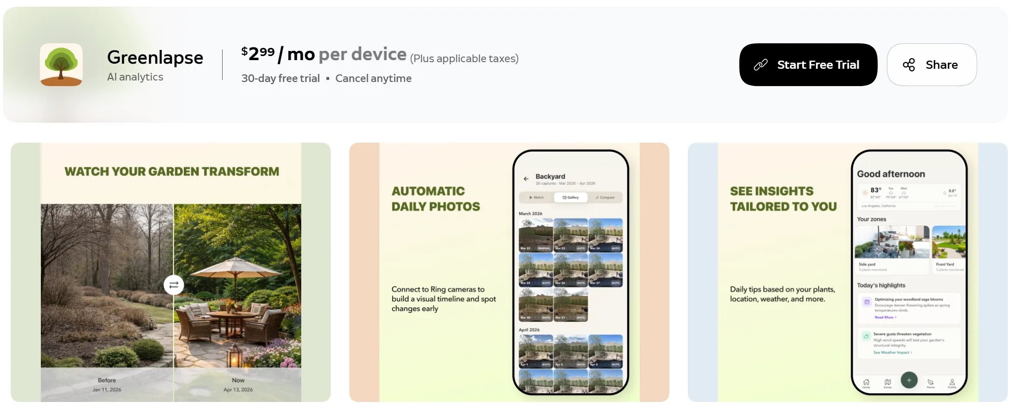 The Greenlapse listing on the Ring Appstore with the option to start a free trial