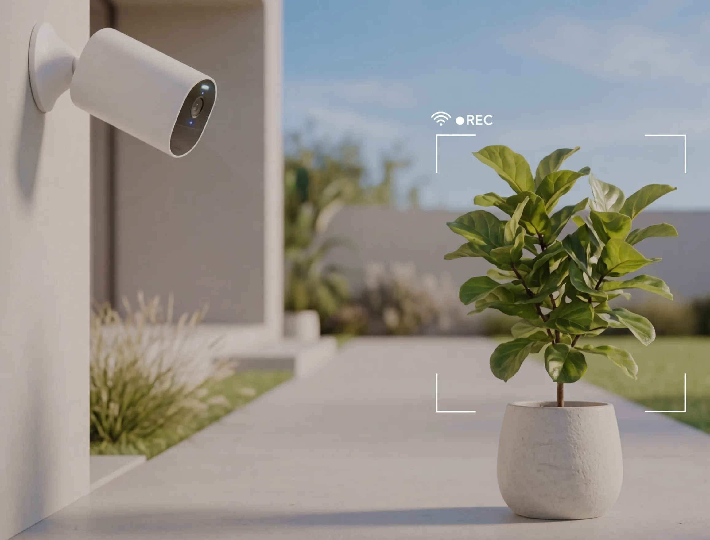 A Ring camera mounted outdoors, overlooking a garden