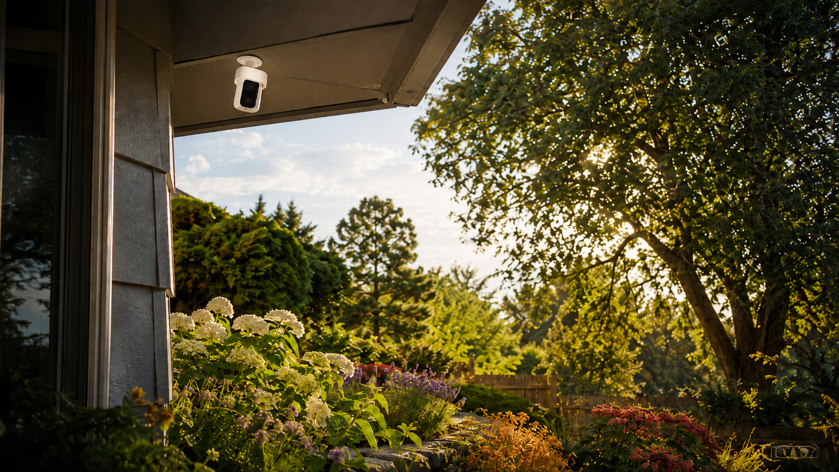 A Ring camera mounted high on a home overlooking a lush garden bed below