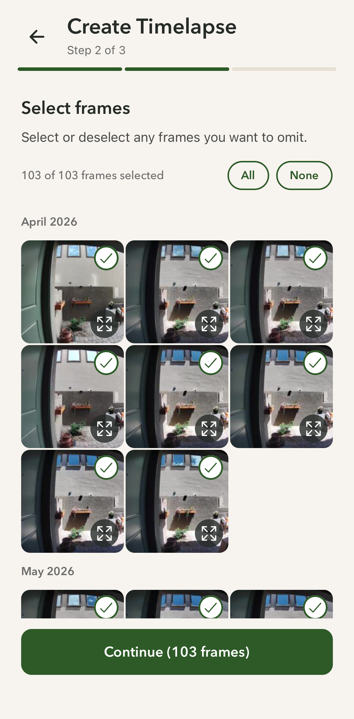 Greenlapse timelapse creation flow in the app, showing the date range and frame selection