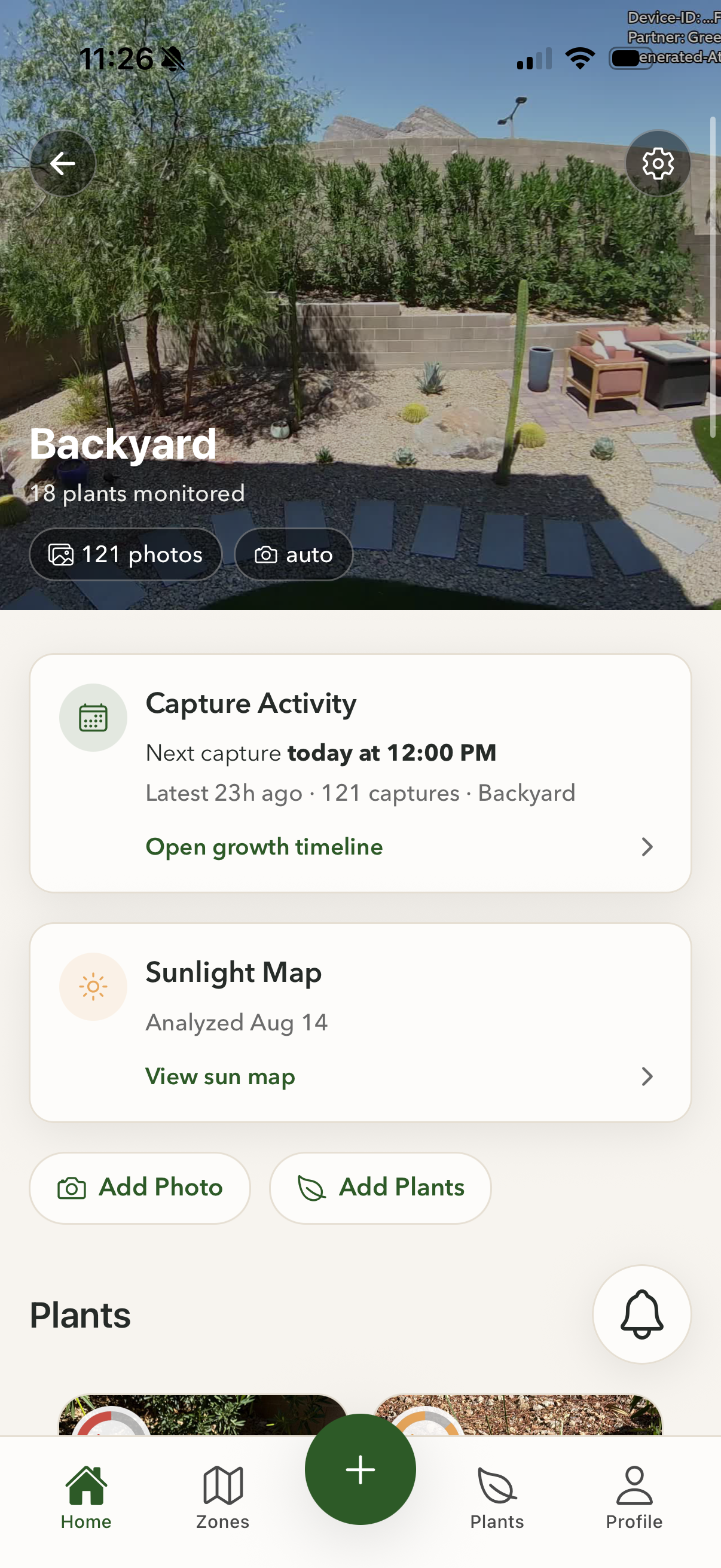 A Greenlapse zone dashboard showing plant health and insights