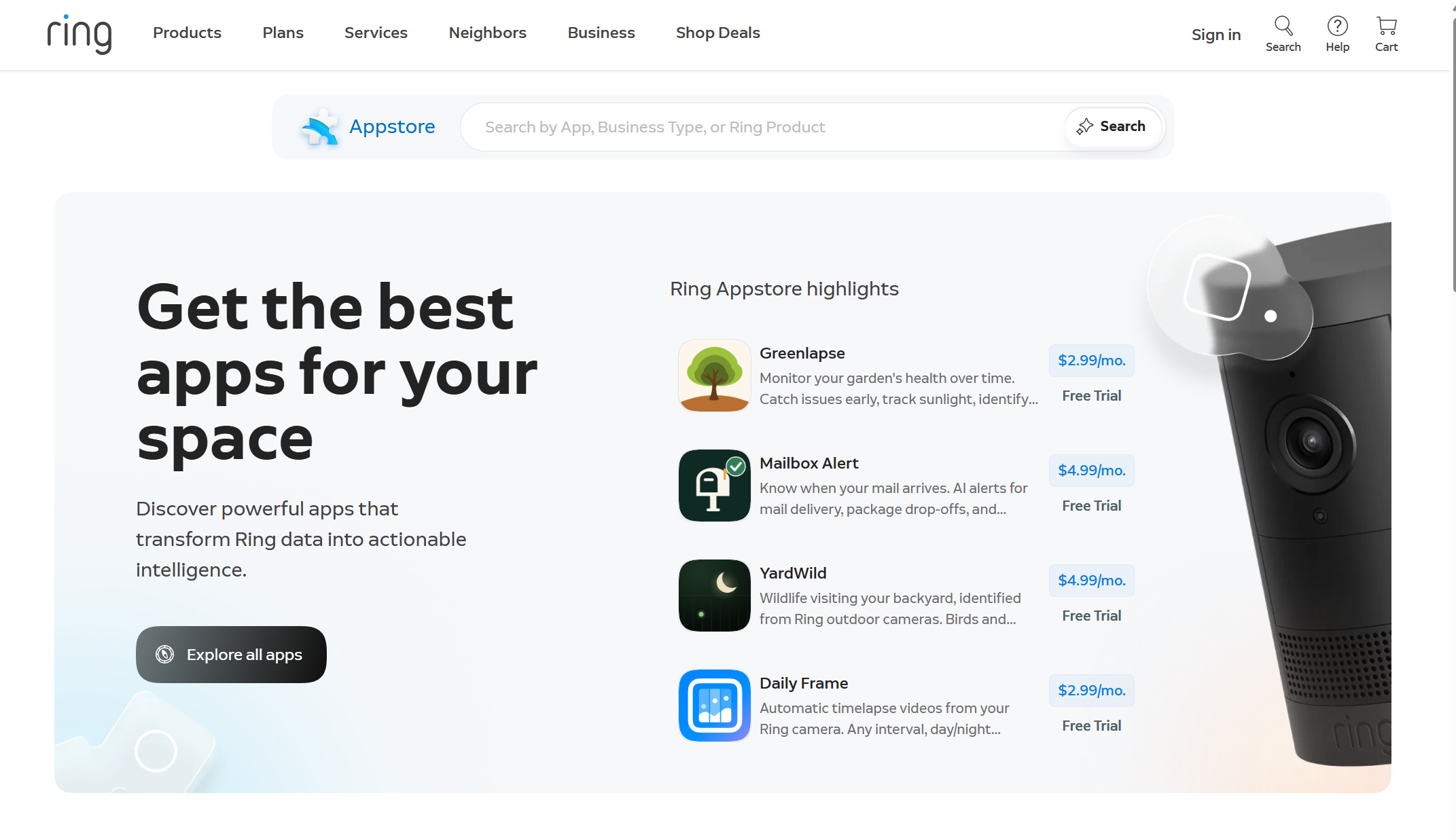 The Ring Appstore homepage, with Greenlapse listed first under Ring Appstore highlights