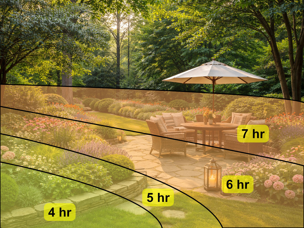 Sunlight analysis view showing light coverage across a yard